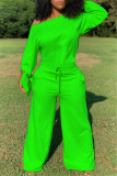 Fluorescent green Fashion Casual Adult Solid Draw String One Shoulder Loose Jumpsuits