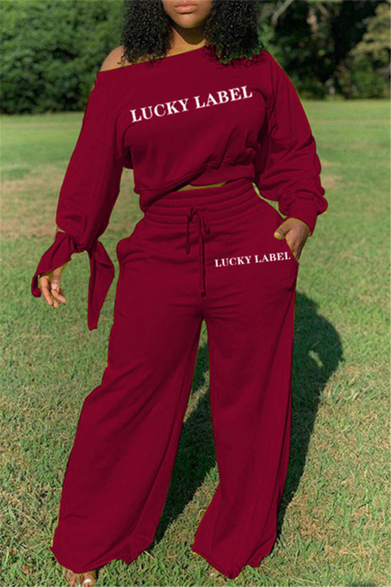 

Wine Red Fashion Casual Long Sleeve Oblique Collar Regular Sleeve Short Letter Print Two Pieces