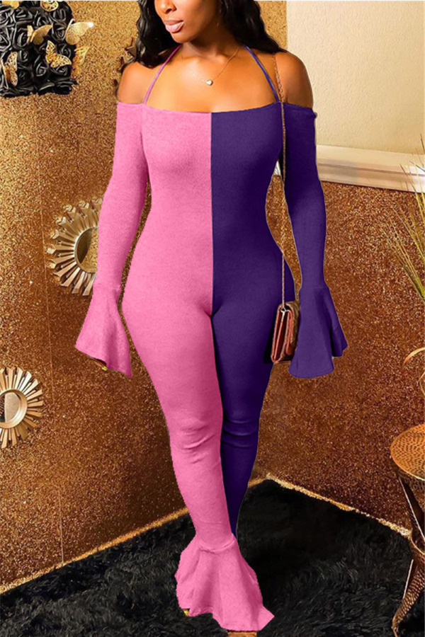 Pink Sexy Solid Patchwork Bateau Neck Skinny Jumpsuits