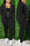 Black Fashion Casual Blends Patchwork Solid Patchwork Pocket Pants Basic Zipper Collar Long Sleeve Regular Sleeve Regular Two Pieces