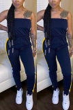 Deep Blue Fashion Sexy Strapless Sleeveless Off The Shoulder Skinny Patchwork Jumpsuits