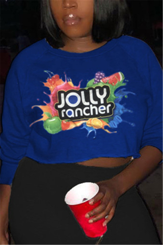 Dark Blue Fashion Casual Adult Print Pullovers O Neck Tops