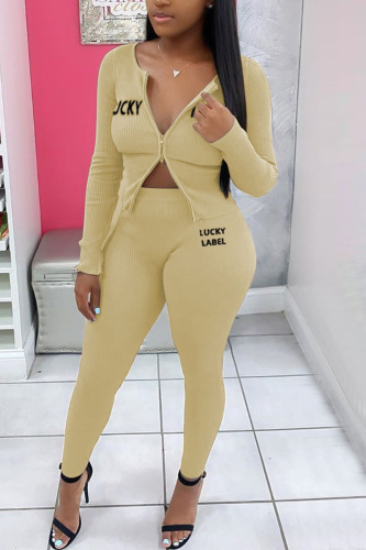 Apricot Casual Knitting Letter Patchwork Solid Embroidered Patchwork Cardigan Pants Basic Zipper Collar Long Sleeve Regular Sleeve Regular Two Pieces