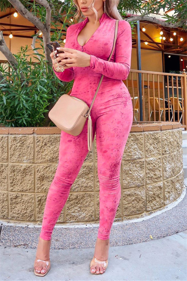 Rose Red Fashion Casual V Neck Long Sleeve Regular Sleeve Skinny Solid Jumpsuits