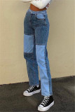 Blue Fashion Casual Patchwork Straight Jeans