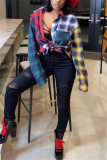 multicolor Fashion Casual Blends Plaid Patchwork Print Patchwork Buttons Cardigan Shirt Collar Tops