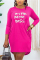 rose red Fashion Casual Living Letter Print Pocket Pullovers Basic O Neck Long Sleeve Mini Straight Dresses