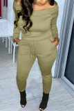 Army Green Fashion Casual Long Sleeve Bateau Neck Off The Shoulder Regular Solid Two Pieces