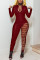 Red Fashion Sexy Adult Solid Ripped Patchwork V Neck Skinny Jumpsuits