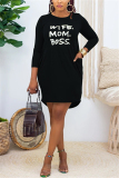 Black Fashion Casual Living Letter Print Pocket Pullovers Basic O Neck Long Sleeve Mini Straight Dresses