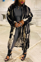 Black Fashion Celebrities Adult Striped Print Cardigan Turndown Collar Outerwear