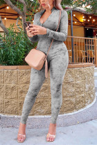 Gray Fashion Casual V Neck Long Sleeve Regular Sleeve Skinny Solid Jumpsuits