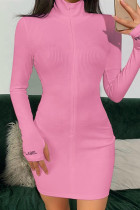 Pink Fashion Sexy Regular Sleeve Long Sleeve Zipper Collar Mini Solid Dresses