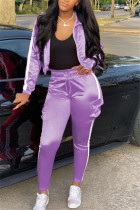 Light Purple Casual Sportswear Long Sleeve Zipper Collar Regular Sleeve Short Patchwork Two Pieces