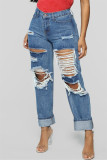 Light Blue Fashion Casual Solid Broken Hole Straight Jeans