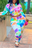 multicolor Fashion Sexy Adult Print Tie-dye O Neck Long Sleeve Regular Sleeve Short Two Pieces