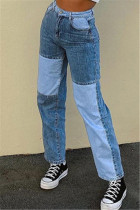 Blue Fashion Casual Patchwork Straight Jeans