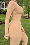 Khaki Fashion Casual Adult Solid Letter O Neck Skinny Jumpsuits