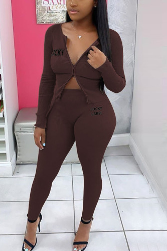 Coffee Casual Knitting Letter Patchwork Solid Embroidered Patchwork Cardigan Pants Basic Zipper Collar Long Sleeve Regular Sleeve Regular Two Pieces