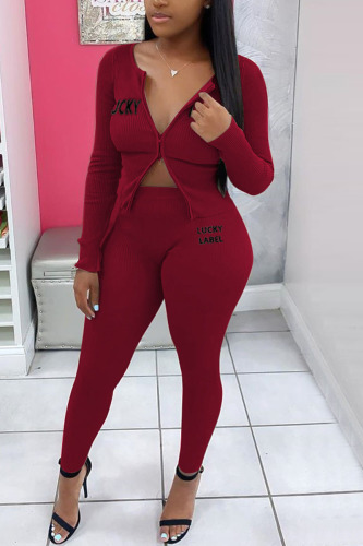 Wine Red Casual Knitting Letter Patchwork Solid Embroidered Patchwork Cardigan Pants Basic Zipper Collar Long Sleeve Regular Sleeve Regular Two Pieces