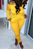 Yellow Fashion Casual Long Sleeve Bateau Neck Off The Shoulder Regular Solid Two Pieces