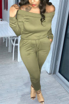 Army Green Fashion Casual Long Sleeve Bateau Neck Off The Shoulder Regular Solid Two Pieces