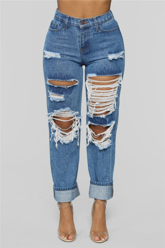 Light Blue Fashion Casual Solid Broken Hole Straight Jeans