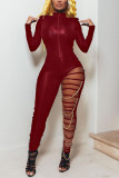Red Fashion Sexy Adult Solid Ripped Patchwork V Neck Skinny Jumpsuits