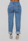 Light Blue Fashion Casual Solid Broken Hole Straight Jeans