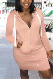 Pink Fashion Casual Regular Sleeve Long Sleeve Hooded Collar Mini Solid Dresses