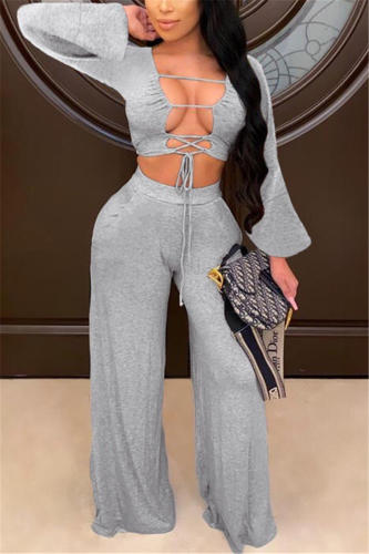 Grey Sexy Print Solid V Neck Long Sleeve Regular Sleeve Short Two Pieces