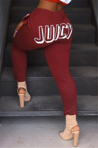 Wine Red Fashion Casual Street Sportswear Blends Letter Print Solid Pants Straight Bottoms