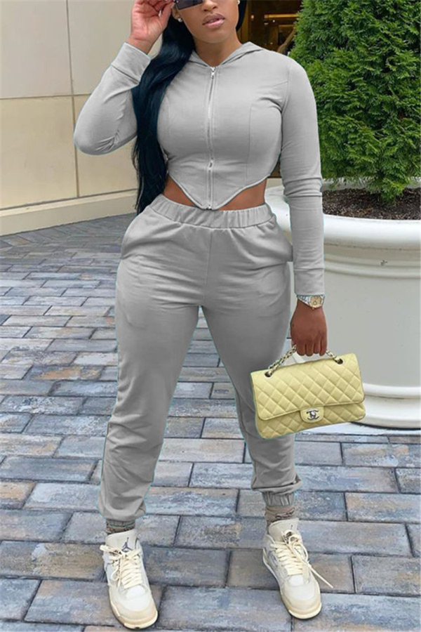 Grey Casual Sportswear Spandex Solid Pants Basic Hooded Collar Long Sleeve Regular Sleeve Short Two Pieces