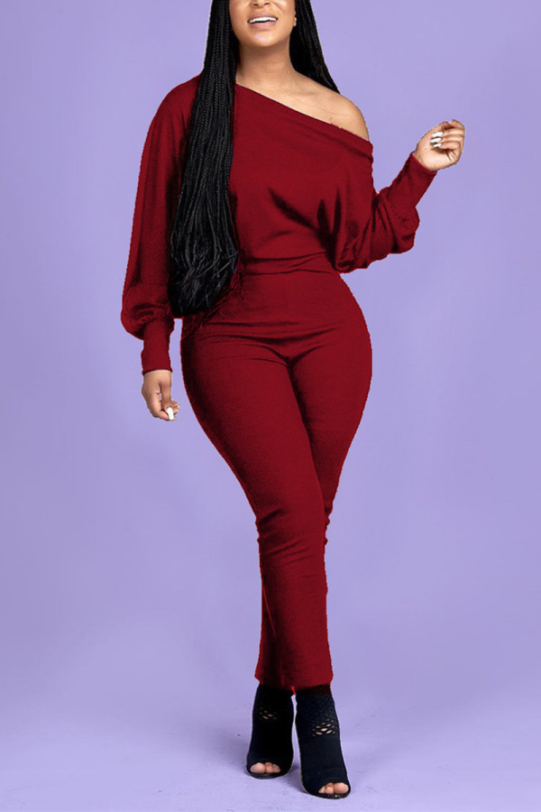 Wine Red Fashion Casual Adult Solid One Shoulder Skinny Jumpsuits
