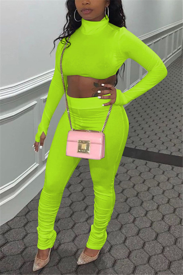 Fluorescent green Fashion Sexy Adult Solid Patchwork Turtleneck Long Sleeve Cap Sleeve Short Two Pieces