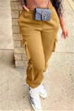 Yellow Fashion Casual Regular Solid Mid Waist Trousers