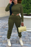 Army Green Casual Sportswear Spandex Solid Pants Basic Hooded Collar Long Sleeve Regular Sleeve Short Two Pieces