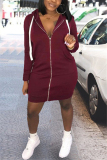 Wine Red Fashion Casual Regular Sleeve Long Sleeve Hooded Collar Mini Solid Dresses