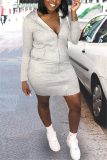 Gray Fashion Casual Regular Sleeve Long Sleeve Hooded Collar Mini Solid Dresses
