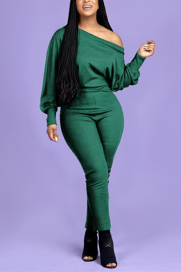 Green Fashion Casual Adult Solid One Shoulder Skinny Jumpsuits