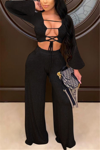 Black Sexy Print Solid V Neck Long Sleeve Regular Sleeve Short Two Pieces