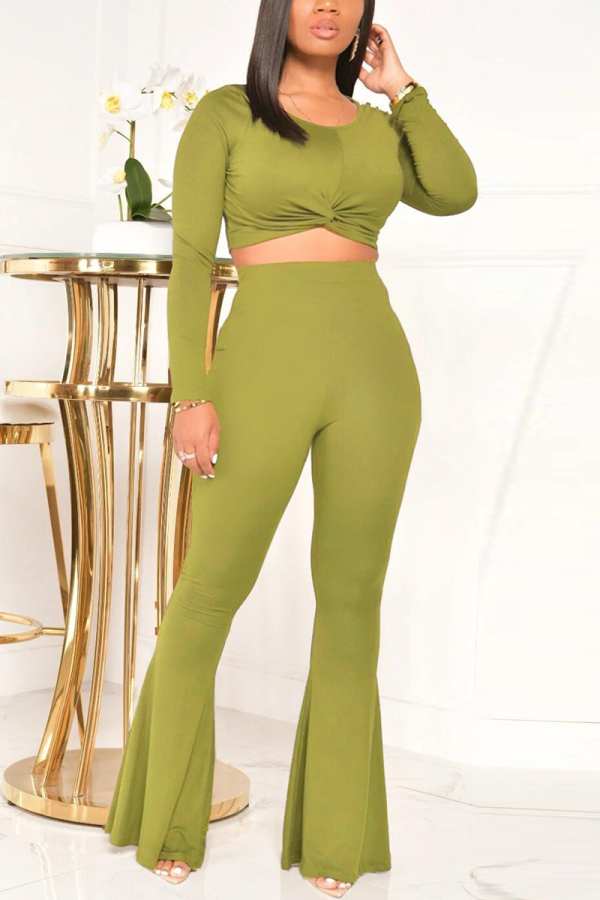 Green Casual Solid Pullovers Pants Basic O Neck Long Sleeve Regular Sleeve Short Two Pieces