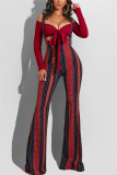 Red Fashion Sexy Long Sleeve Bateau Neck Off The Shoulder Short Print Two Pieces