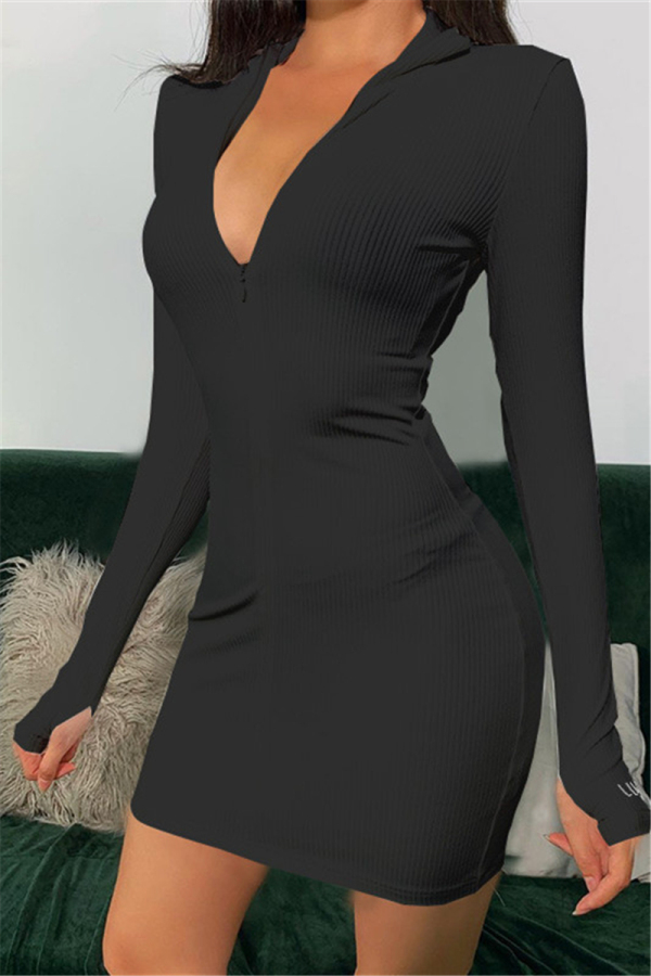 Black Sexy Solid Turndown Collar Long Sleeve Mini Pencil Skirt Dresses