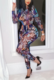 multicolor Sexy Party Gauze Letter Patchwork Print Patchwork See-through O Neck Skinny Jumpsuits