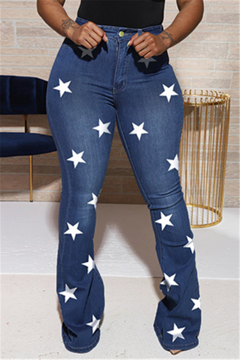 

Blue Casual Sweet Print The stars Buttons Pants High Waist Boot Cut Denim