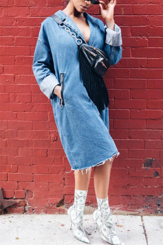 Blue Fashion Casual Turndown Collar Long Sleeve Regular Sleeve Solid Coats