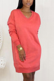 Rose Red Fashion Casual Regular Sleeve Long Sleeve V Neck Knee Length Solid Dresses