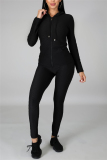 Black Casual Sportswear Long Sleeve Hooded Collar Regular Sleeve Regular Solid Two Pieces