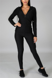 Black Casual Sportswear Long Sleeve Hooded Collar Regular Sleeve Regular Solid Two Pieces